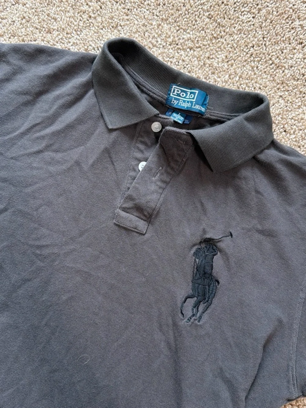 Vintage Ralph Lauren Men's Dark Gray Polo with Embroidered Pony